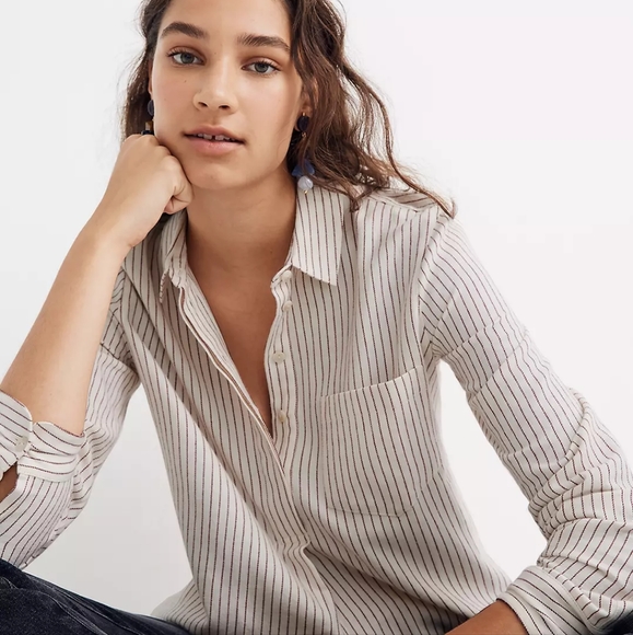 Madewell Tops - Madewell Flannel Classic Ex-Boyfriend Button Back Shirt Cream Red Stripe Medium